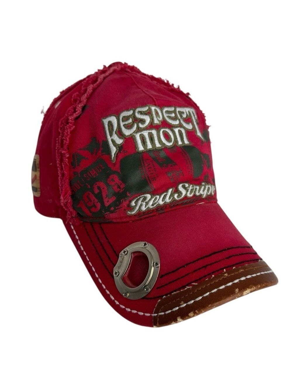 Red Stripe Beer Baseball Hat + Bottle Opener Red Distressed Ball Cap Adjustable